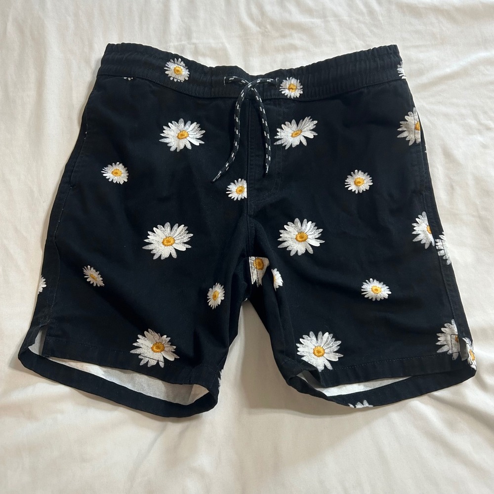 Zip Code Womens Black Daisy Floral Print Cotton Drawstring Shorts Size Small